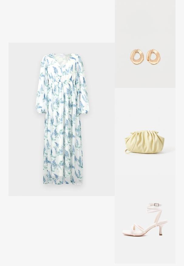 Robe longue et fluide en tissu transparent. Présente une base blanche avec des motifs floraux bleus, un décolleté en V et de longues manches amples.; Sandale blanche à talon avec lanières sur le devant, bride autour de la cheville avec boucle, et talon fin de hauteur moyenne sur un fond uni.; Sac à main plissé jaune en simili cuir lisse, arborant une forme douce avec une bandoulière unique et un design froncé sur le dessus.; Paired boucles d'oreilles en métal doré poli de forme irrégulière avec un centre ouvert sur un fond blanc uni.