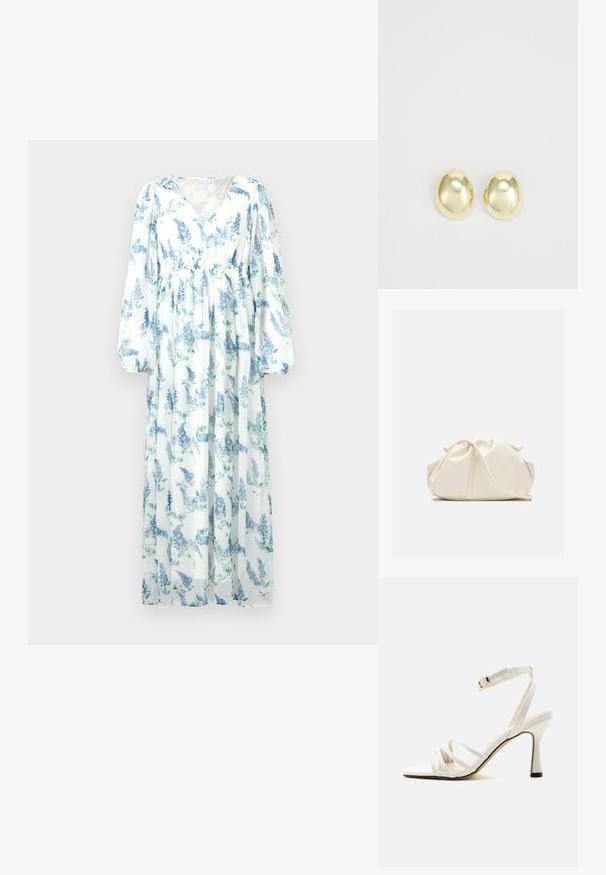 Robe longue et fluide en tissu transparent. Présente une base blanche avec des motifs floraux bleus, un décolleté en V et de longues manches amples.; Sandale blanche à talon haut avec trois brides à l'avant et une bride de cheville réglable avec une boucle dorée.; Pochette en cuir souple couleur crème avec un design froncé et une fine bandoulière reposant à l’avant sur un fond uni.; Boucles d'oreilles en métal doré avec une forme lisse et arrondie et une finition polie. Design simple sans embellissements supplémentaires.