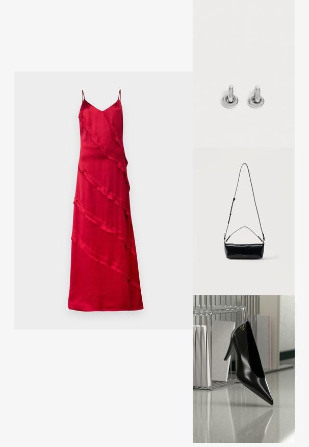 Rotes Satin-Trägerkleid mit dünnen Trägern, V-Ausschnitt und asymmetrischen Rüschen, die diagonal über die Vorderseite verlaufen.; Schwarzer High-Heel-Schuh mit spitzer Zehe und goldem Logo, auf einer reflektierenden Oberfläche nahe einem verchromten Draht-Organizer mit Dokumenten positioniert.; Schwarze rechteckige Leder-Umhängetasche mit verstellbarem Schulterriemen, Reißverschluss oben und kleinem goldfarbenem Calvin Klein-Logo vorne.; Paar kleine, glänzende silberne Creolen mit rundem Sockel, auf einfachem hellem Hintergrund präsentiert.