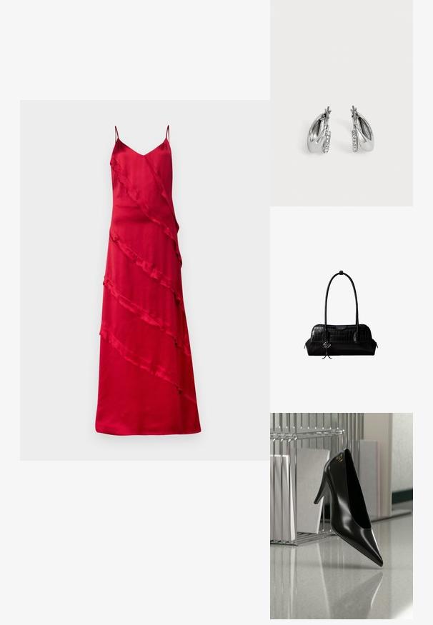 Vestido de satén rojo con tirantes finos, escote en V y volantes asimétricos que caen en diagonal por el frente.; Zapato de tacón alto negro con punta afilada y logo dorado, colocado sobre una superficie reflectante cerca de un organizador de archivos de alambre cromado con documentos.; Bolso de hombro negro de cuero con textura de cocodrilo, con correas largas y un pequeño colgante de logo plateado en una correa.; Par de pendientes de aro plateados con una pequeña fila de pedrería transparente en el frente, mostrados sobre un fondo liso gris claro.