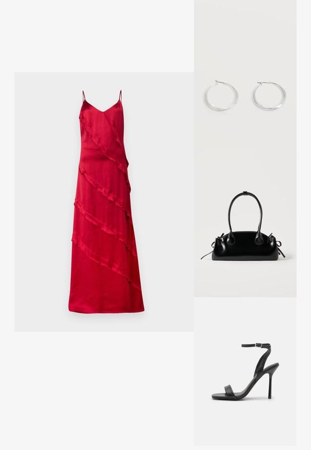 Rode satijnen slipdress met dunne bandjes, een V-hals en asymmetrische ruches die diagonaal over de voorkant vallen.; Zwarte hoge hakken sandaal met een slanke enkelband en twee voorste banden. Gemaakt van soepel leer met een slanke puntneus en een stiletteloze hak.; Kleine zwarte glanzende handtas met twee lange hengsels en zijkant trekkoord details op een effen lichte achtergrond.; Zilverkleurige metalen creolen oorbellen met een glad, licht gebogen oppervlak en sluitingen met haaksluiting op een effen witte achtergrond.