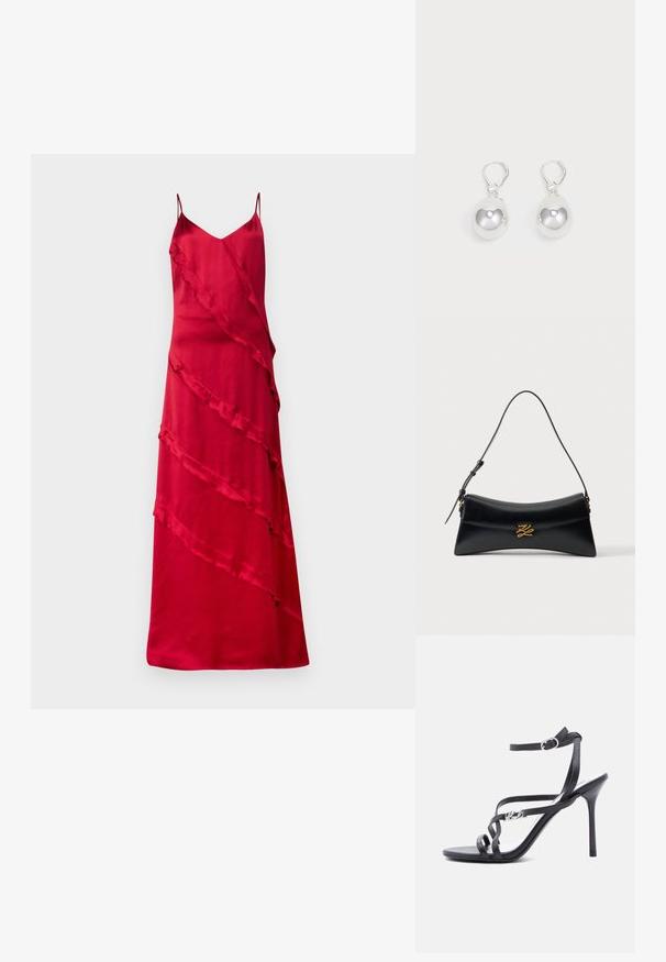 Rode satijnen slipdress met dunne bandjes, een V-hals en asymmetrische ruches die diagonaal over de voorkant vallen.; Zwarte high-heeled sandaal met dunne bandjes, enkelgesp en een metalen logodetail aan het zijbandje, afgebeeld tegen een witte achtergrond.; Zwarte leren handtas met gebogen trapeziumvorm, bovenhandvat en gouden decoratieve gesp op de voorflap tegen een witte achtergrond.; Zilveren druppeloorbellen met gladde, ronde, reflecterende oppervlakken die hangen aan klapring-sluitingen. Achtergrond is puur wit.
