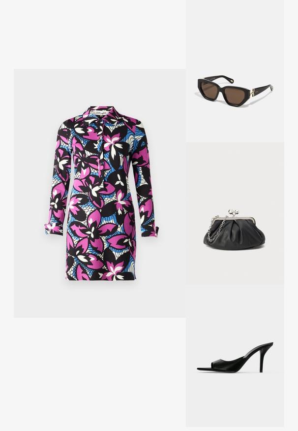 Diane von Furstenberg ALARICA DRESS - Hverdagskjole - fishnet floral purple blush; Sort læder åben tå højhælet mule med en slank stilet hæl, vist i sideprofil på en ensfarvet baggrund.; Sorte solbriller med et geometrisk, vinklet design. Brune linser, plastikramme, guldhardware aksenter på stængerne.; Sort læder clutch med samlet tekstur, sølvfarvet metalramme, kys-lås lukning og kædestrop. Glat, blød overflade.