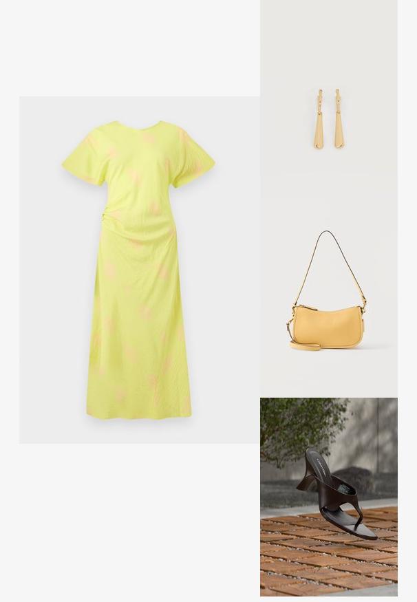 Robe maxi jaune avec des manches courtes et larges. Présente une texture douce et des accents rose subtils sur l'ensemble du tissu. Détail froncé sur le côté.; Sandale à talon marron Calvin Klein suspendue au-dessus d'un sol extérieur en dalles de bois et gravier avec un arrière-plan flou de verdure et de pierres.; Sac à bandoulière en cuir jaune avec fermeture éclair incurvée en haut et bandoulière mince réglable, design minimaliste sur fond uni.; Boucles d'oreilles pendantes en ton or avec des pendentifs lisses en forme de goutte allongée suspendus à de petites attaches en forme d'anneau sur un fond blanc.