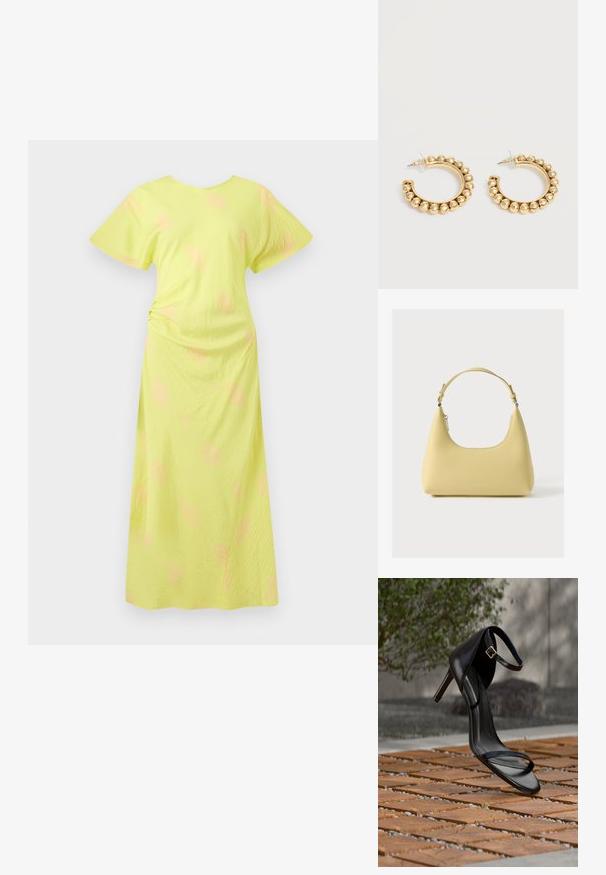 Robe maxi jaune avec des manches courtes et larges. Présente une texture douce et des accents rose subtils sur l'ensemble du tissu. Détail froncé sur le côté.; Sandale noire à talon haut avec sangle à la cheville, suspendue au-dessus d'un sol en carreaux de bois à l'extérieur, avec un arrière-plan flou de verdure et de pierre.; Sac à main en cuir jaune avec une silhouette incurvée, une bandoulière courte réglable et un compartiment zippé. Présente un logo subtil à l'avant.; Paire de boucles d’oreilles créoles dorées avec des détails de perles arrondies le long du bord extérieur sur un fond clair.