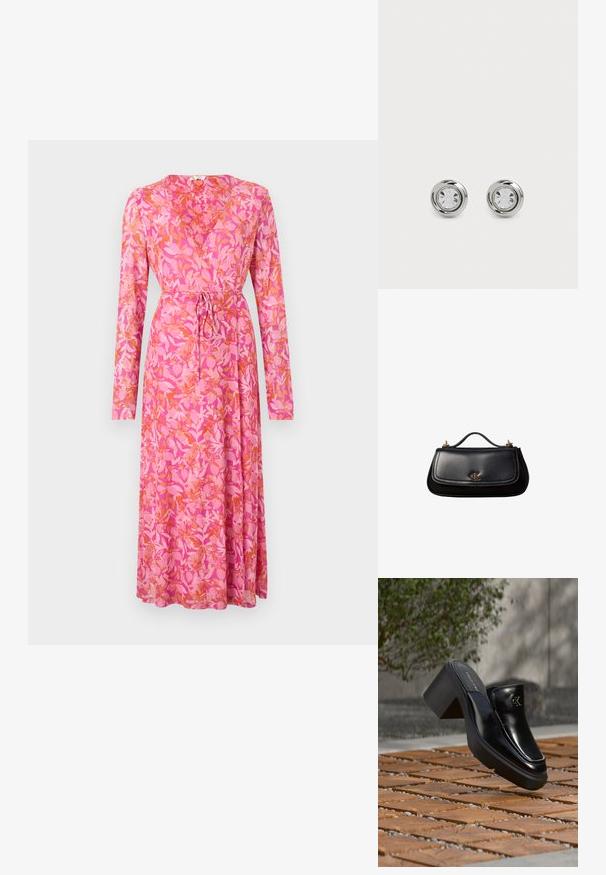 Robe portefeuille à manches longues en tissu rose, ornée d'un motif floral orange, avec une taille à lien et une silhouette évasée.; Mule slip-on en cuir noir Calvin Klein avec talon bloc reposant sur des carreaux en bois à l'extérieur près d'une plante verte et d'un mur gris.; Sac à main en cuir noir avec une petite poignée, logo "cK" doré sur le rabat avant, et accessoires dorés.; Boucles d'oreilles en métal argenté avec des cristaux ronds et transparents, présentant une finition lisse et polie ainsi qu'un design circulaire avec des bords légèrement surélevés.