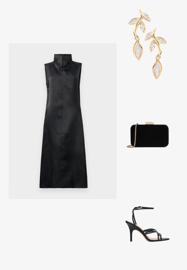 Schwarzes, satiniertes ärmelloses Kleid mit hohem Kragen, glatter Textur und geradem, knöchellangem Schnitt. Minimalistisches Design ohne Verzierungen.; Schwarze Riemchen-Sandale mit hohem Absatz und schlankem Design, ausgestattet mit einem dünnen Knöchelriemen, offenem Zehenbereich und glatter Oberfläche an einem konisch zulaufenden Absatz.; Schwarze Samt-Clutch mit goldfarbener Hardware, rechteckiger Form und Kettenriemen, mit glatter Textur und ohne sichtbare Muster.; DIAMANT L'ÉTERNEL Ohrringe - gold coloured