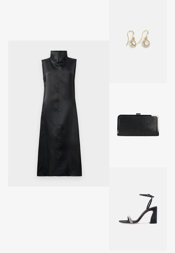 Schwarzes, satiniertes ärmelloses Kleid mit hohem Kragen, glatter Textur und geradem, knöchellangem Schnitt. Minimalistisches Design ohne Verzierungen.; Schwarze High-Heel-Sandale mit Knöchelriemen und funkelndem Strassriemen am Zehenbereich auf weißem Hintergrund.; Schwarze, strukturierte rechteckige Clutch-Tasche mit silbernem Metallrahmen und Schnappverschluss auf weißem Hintergrund.; Goldfarbene Ohrringe mit ovalen klaren Kristallen, die von kleineren klaren Steinen umgeben sind, und einem Haken-Design für sicheren Halt.