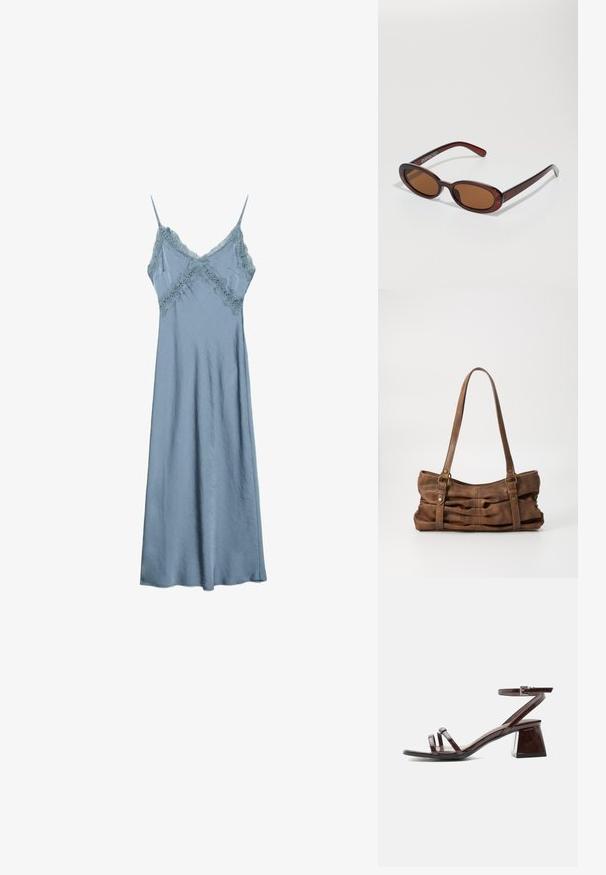 Robe nuisette en satin bleu clair avec bordure en dentelle le long du décolleté en V et fines bretelles spaghetti, silhouette longue et fluide.; Sandale en cuir verni marron foncé avec talon bloc, bride à la cheville avec boucle et deux fines lanières sur les orteils sur fond blanc.; Lunettes de soleil rondes teinte brun avec une monture bordeaux brillante. Branches fines avec un détail de marque subtil. Design de verres plats.; Even&Odd by Zalando Sac à main - brown