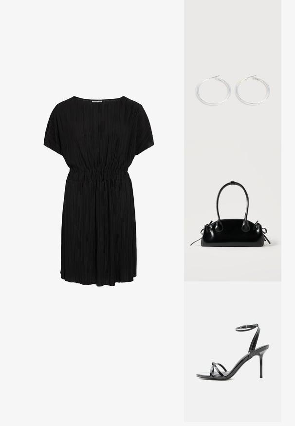 Vestido negro plisado con un corte relajado, escote redondo y cinturilla elástica. Mangas cortas y tela suave y texturizada.; Sandalia de tacón alto de charol negro con tiras finas que cruzan los dedos y una correa con hebilla en el tobillo sobre un fondo blanco.; Pequeño bolso negro brillante con dos asas largas y detalles de cordón lateral sobre un fondo claro liso.; Pareja de pendientes de aro plateados brillantes con cierres de alambre delgado, mostrados sobre un fondo gris claro.