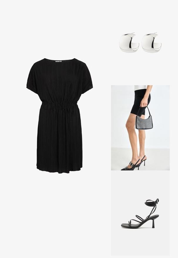 Vestido negro plisado con un corte relajado, escote redondo y cinturilla elástica. Mangas cortas y tela suave y texturizada.; Sandalia negra de tiras con punta cuadrada, lazos ajustables en el tobillo y un tacón bloque delgado. Fabricada con un material suave y duradero.; Bolso de cuentas negras con una silueta curva, asa de transporte y textura brillante. Llevado con zapatos de tacón altos negros y pantalones cortos negros ajustados.; Par de pendientes de aro pulidos en forma de media luna de plata con cierre trasero de presión sobre fondo blanco.