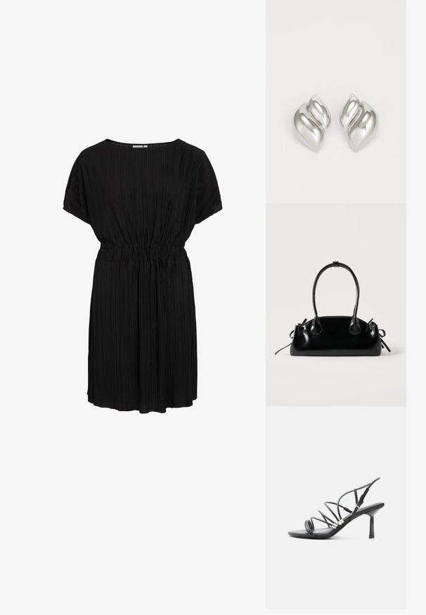 Vestido negro plisado con un corte relajado, escote redondo y cinturilla elástica. Mangas cortas y tela suave y texturizada.; Sandalia negra de tacón alto con tiras finas y curvas, detalles plateados y una hebilla ajustable en el tobillo sobre un fondo blanco.; Pequeño bolso negro brillante con dos asas largas y detalles de cordón lateral sobre un fondo claro liso.; Pendientes de plata con una forma orgánica y abstracta. Superficie lisa y brillante con un diseño cónico. Presentan suaves curvas y un detalle de línea central.