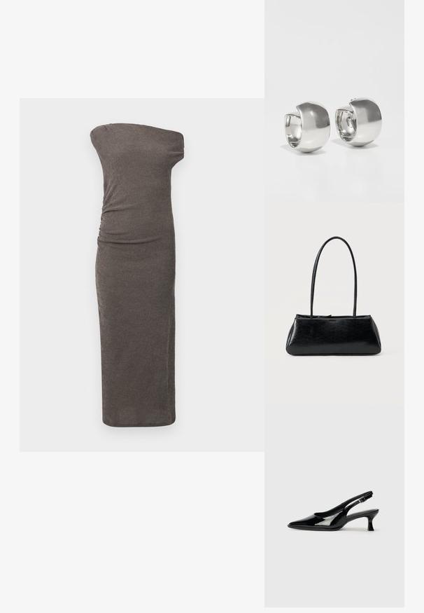 Vestido ajustado de hombros descubiertos en tela de canalé gris oscuro, con frunces laterales y una silueta recta que llega por debajo de la rodilla.; Zapatos de charol negro tipo slingback con punta afilada y tacón bajo. Correa ajustable con hebilla en el tobillo.; Bolso de hombro rectangular negro con correas largas y delgadas y una textura lisa y brillante sobre un fondo liso.; Uncommon Matters SCULPTURAL LARGE CREOLE - Pendientes - silver-coloured