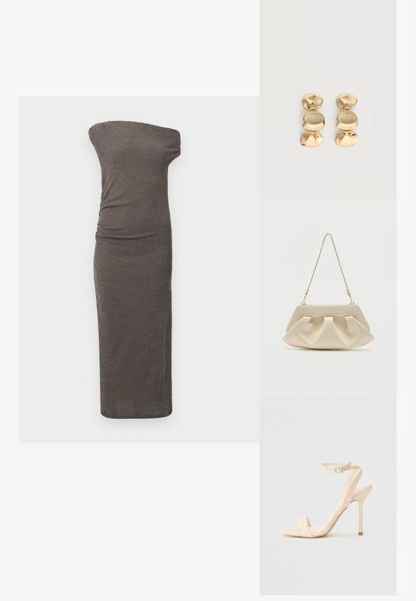 Off-shoulder, tætsiddende kjole i mørkegrå ribbet stof, med sideliv og en lige silhuet, der når under knæet.; Beige højhælede sandaler med en slank ankelrem og firkantet tå. Glat syntetisk materiale, minimalistisk design og stiletto-hæl.; Kremfarvet blød clutch-taske med samlet plissering og en tynd skulderrem med guldfarvet hardware.; Øreringe i guldfarve med dråbeform og tre uregelmæssige, glatte, afrundede segmenter stablet lodret på en enkelt lys baggrund.