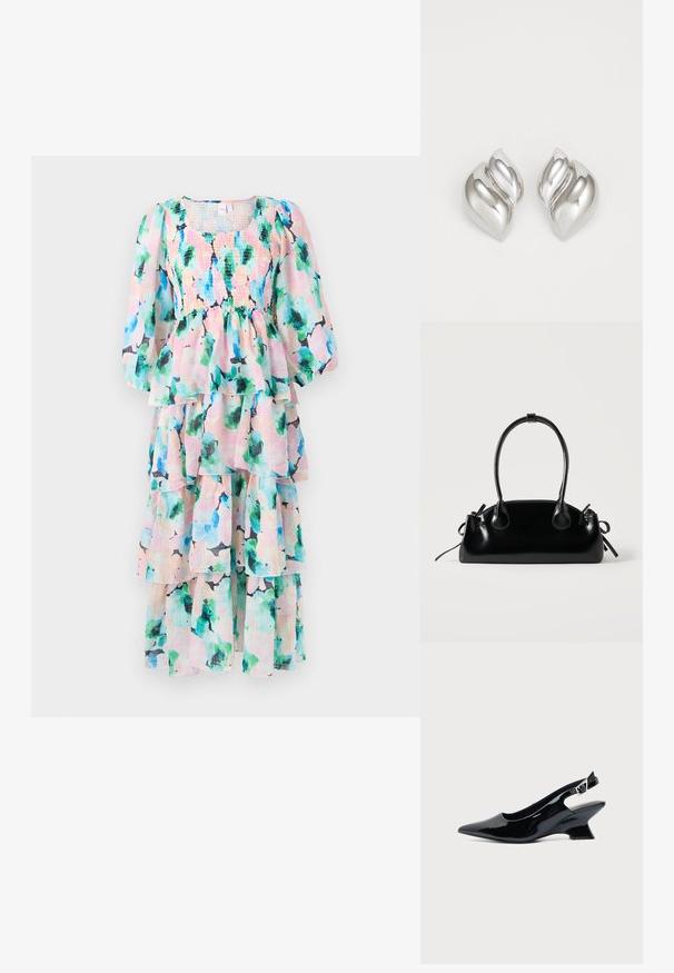 Stufenkleid mit einem floralen Muster in Pastellfarben, mit einem gerafften Oberteil und Puffärmeln. Hergestellt aus leichtem, fließendem Stoff.; Schwarzer Slingback-Schuh aus Lackleder mit spitzer Spitze und niedrigem, schrägem Blockabsatz auf einfachem hellem Hintergrund.; Kleine schwarze glänzende Handtasche mit zwei langen Griffen und seitlichen Kordelzug-Details vor einfachem hellem Hintergrund.; Silberne Ohrringe mit einer organischen, abstrakten Form. Glatte, glänzende Oberfläche mit einem konischen Design. Mit dezenten Kurven und einem zentralen Linienelement.