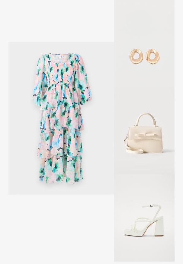 Stufenkleid mit einem floralen Muster in Pastellfarben, mit einem gerafften Oberteil und Puffärmeln. Hergestellt aus leichtem, fließendem Stoff.; Weiße Plattform-Sandalen mit dickem Blockabsatz, ausgestattet mit mehreren dünnen Riemen und einem verstellbaren Knöchelriemen. Aus glattem synthetischem Material.; Kleine beige Handtasche mit Tragegriff oben, abnehmbarem Riemen, vorderer Klappe und dekorativer horizontaler Schleife vor einfarbigem Hintergrund.; Paar unregelmäßig geformter, polierter Creolen aus goldfarbenem Metall mit offenem Zentrum auf weißem Hintergrund.