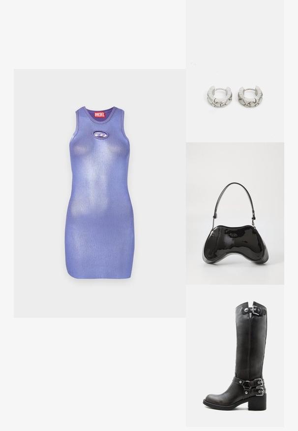 Robe en maille côtelée violette avec un col rond et détail de découpe en forme de clé. Design élégant et cintré. Nom de la marque affiché sur l'étiquette.; Botte haute en cuir noir avec talon épais et trois boucles argentées réglables sur la tige et la cheville.; Sac à main en cuir verni noir avec une forme incurvée unique, une anse courte et ajustable, et une fermeture zippée. Texture lisse avec un branding discret.; Guess STYLISH - Boucles d'oreilles - silver-coloured
