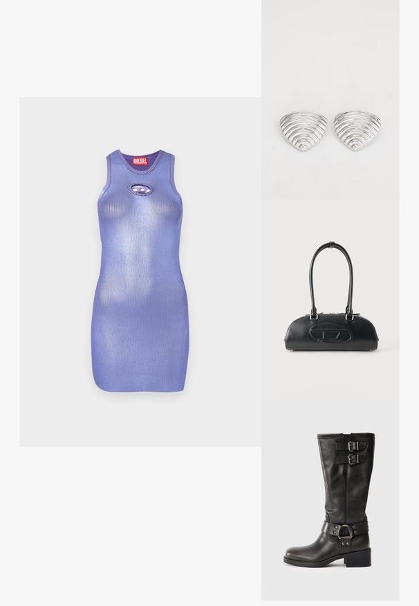 Robe en maille côtelée violette avec un col rond et détail de découpe en forme de clé. Design élégant et cintré. Nom de la marque affiché sur l'étiquette.; Boot en cuir noir mi-mollet avec deux boucles en argent près du haut et une sangle décorative avec un anneau en métal autour de la cheville, talon carré.; Sac à main en cuir noir avec longues poignées doubles et logo ovale embossé sur le devant, présenté sur un fond clair uni.; Boucles d'oreilles en argent avec un design ondulé et texturé, en forme de croissants superposés ; la finition polie accentue les qualités réfléchissantes.