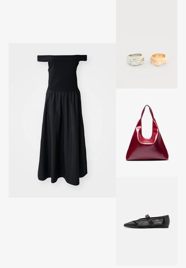 Robe noire dénudée des épaules avec un corsage ajusté et une jupe fluide froncée, fabriquée en tissu léger. Texture lisse, longueur mi-genoux.; Chaussure plate noire avec un bout pointu, panneaux latéraux en maille et une sangle avec une boucle décorative. Fini lisse sur les sections du bout et du talon.; Sac à main en cuir laqué rouge de forme triangulaire, avec une large ouverture en haut et une seule anse courbée. Texture lisse avec des détails de couture minimaux.; Deux bagues de forme irrégulière côte à côte, l'une en argent avec des détails texturés, l'autre lisse et en or mat.