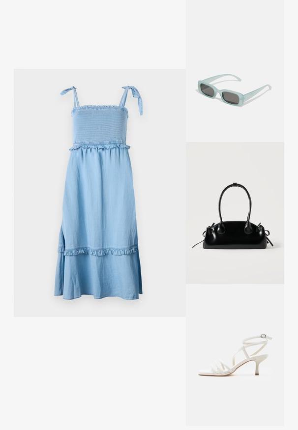 Robe sans manches bleu clair avec un corsage smocké, des accents froncés et une jupe évasée. Le tissu semble doux avec une finition légèrement texturée.; Sandale blanche pour femme avec talons fins, trois brides à l'avant et une sangle autour de la cheville avec une boucle argentée.; Une paire de lunettes de soleil rectangulaires avec des montures translucides bleu clair et des verres gris foncé, présentant des branches droites et des détails matériels minimaux.; Petit sac à main noir brillant avec deux longues anses et des détails à cordon sur les côtés sur un fond clair uni.