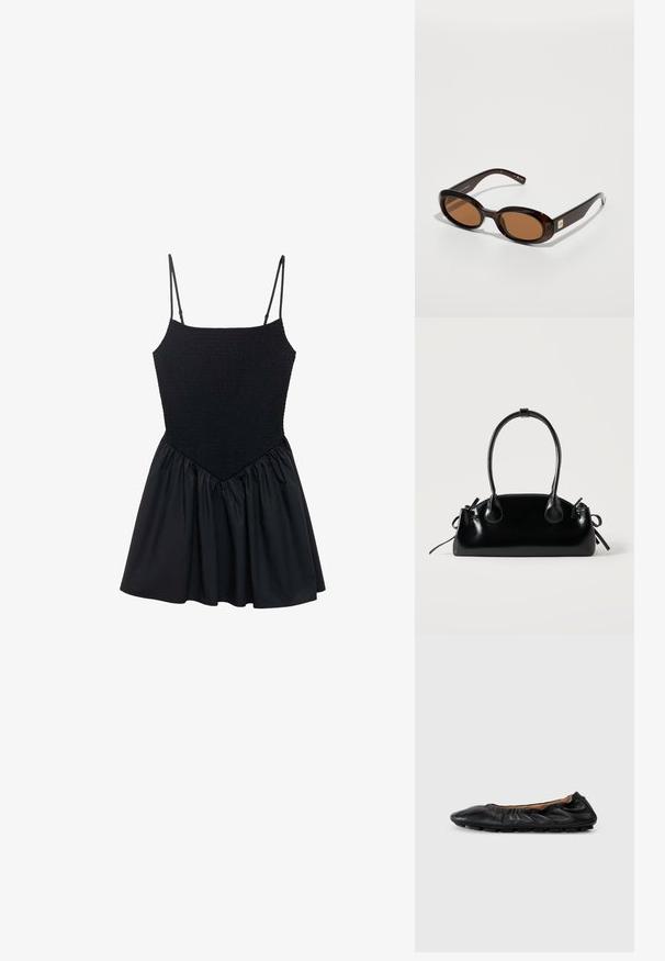 Robe noire avec un corsage smocké et des bretelles spaghetti réglables. La jupe est froncée, créant une forme évasée. Texture lisse sur l'ensemble.; Ballerines en cuir noir avec des détails froncés au col, bout rond et semelle en caoutchouc flexible. Texture lisse dans l'ensemble.; Lunettes de soleil écaille de tortue marron avec des verres ovales, dotées d'une fine monture et d'un petit accent métallique sur le côté. Fini texturé et poli.; Petit sac à main noir brillant avec deux longues anses et des détails à cordon sur les côtés sur un fond clair uni.