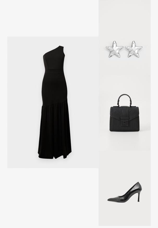 Robe noire à épaule unique en tissu lisse. Corsage ajusté s'étend jusqu'à une jupe fluide et froncée. Design minimaliste avec une silhouette élégante.; Chaussure à talon haut pour femme en cuir verni noir avec bout pointu et talon fin sur fond clair uni.; Sac à main en cuir noir avec une texture matelassée, de forme rectangulaire, une anse supérieure et un rabat frontal doté d'un fermoir en métal argenté.; Boucles d'oreilles argentées en forme d'étoile, avec une surface lisse et brillante. Chaque boucle d'oreille possède cinq pointes et des détails subtils de texture de surface.