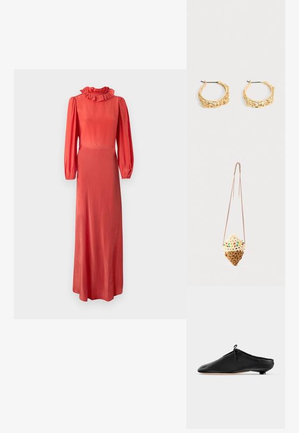 Robe corail à manches longues avec un col volanté, un buste ajusté et une jupe fluide. Tissu lisse et éclat subtil. Design minimaliste.; Mule en cuir noir à enfiler avec un petit talon arrondi et un détail de nœud noué près du bord supérieur, vue de profil.; Petit sac suspendu en forme de cornet de glace, fait de perles beige et marron avec des accents de perles colorées, sur un cordon fin torsadé.; Paire de boucles d’oreilles créoles couleur or avec embossage floral et feuillage orné sur un fond neutre.