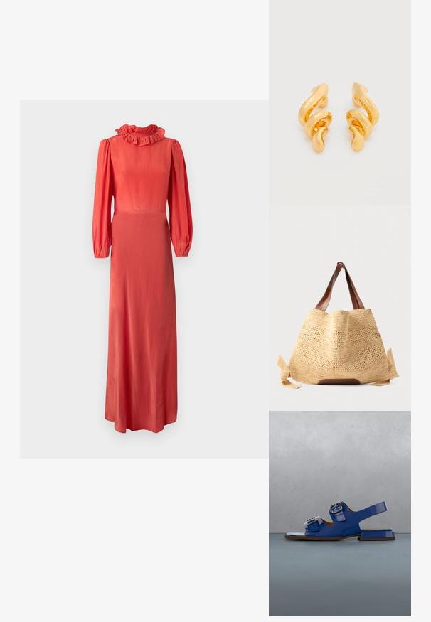 Langærmet koralfarvet kjole med en rynket krave, tætsiddende liv og svajende skørt. Glat stof og subtile glans. Minimalistisk design.; Skinnende blå sandal med to spænder, slingback-rem, svævende over en træfliset overflade med grøn plante og stenet baggrund.; Beige vævet stråtaske med brune læderhåndtag og sideremme, stående oprejst på en ensfarvet baggrund.; Par af blanke, guldfarvede hængende øreringe med et tykt, skulpturelt, ujævnt spiraldesign på hvid baggrund.