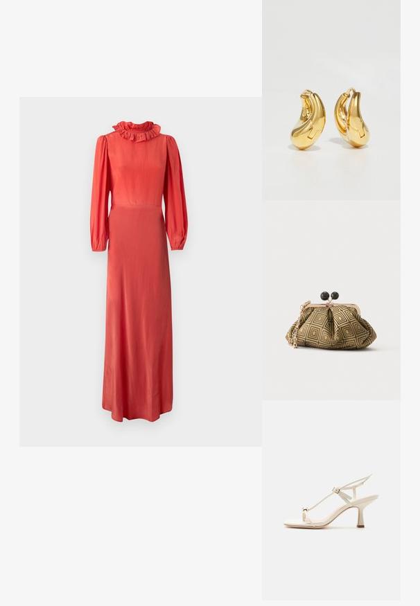 Robe corail à manches longues avec un col volanté, un buste ajusté et une jupe fluide. Tissu lisse et éclat subtil. Design minimaliste.; Sandale à talon haut beige avec fines lanières, boucle réglable, détail anneau d'orteil, et talon bloc effilé sur une surface plane.; Petite pochette avec motif géométrique doré et noir, cadre en métal doré, fermeture à boule noire et une courte chaîne dorée.; Boucles d'oreilles en or en forme de d'anneaux lisses et courbés avec une finition polie. Équipées d'un mécanisme de fermeture et de légères indentations pour le détail.