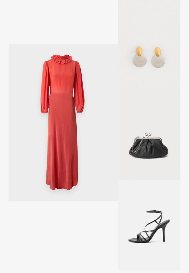 Langærmet koralfarvet kjole med en rynket krave, tætsiddende liv og svajende skørt. Glat stof og subtile glans. Minimalistisk design.; Sort højhælet sandal med tynde stropper, en ankelspænde, en glat læderoverflade og en slank stilethæl.; Sort læder clutch med samlet tekstur, sølvfarvet metalramme, kys-lås lukning og kædestrop. Glat, blød overflade.; Guld- og sølvmetalløreringe med en rund skivebund og et ovalt topstykke, glat tekstur og poleret finish.