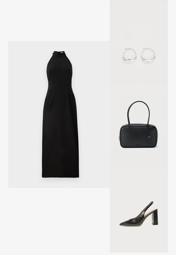 Mouwloze zwarte maxi-jurk met een hoge halslijn en aansluitend lijfje. Soepele stof met een subtiele glans en ritssluiting aan de achterkant.; Zwarte leren slingback schoen met spits toelopend neusje, hoge blokhak en beige binnenvoering tegen een effen lichte achtergrond.; Zwarte rechthoekige handtas met dubbele afgeronde handvaten, gouden ritssluiting en geperst "HUGO" logo aan de voorkant met een aangehecht lederen label.; Zilveren creolen met een gepolijste afwerking en DKNY-branding, weergegeven tegen een effen witte achtergrond.