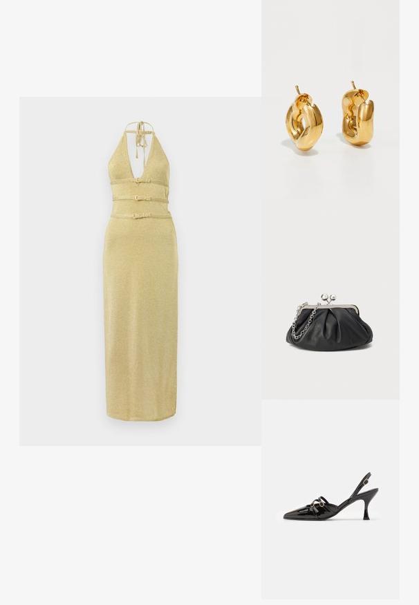 Goldenes Halfterkleid mit tiefem V-Ausschnitt, tailliertem Bund und geradem Schnitt. Hergestellt aus einem schimmernden Stoff mit glatter Textur.; ALOHAS JOELLE ONIX - Pumps - black; Schwarze Leder-Clutch mit geraffter Textur, silberfarbener Metallrahmen, Druckverschluss und Kettenriemen. Glatte, weiche Oberfläche.; Fette goldene Creolen mit einem leicht verdrehten, röhrenförmigen Design und Steckverschlüssen auf einem weißen Hintergrund.