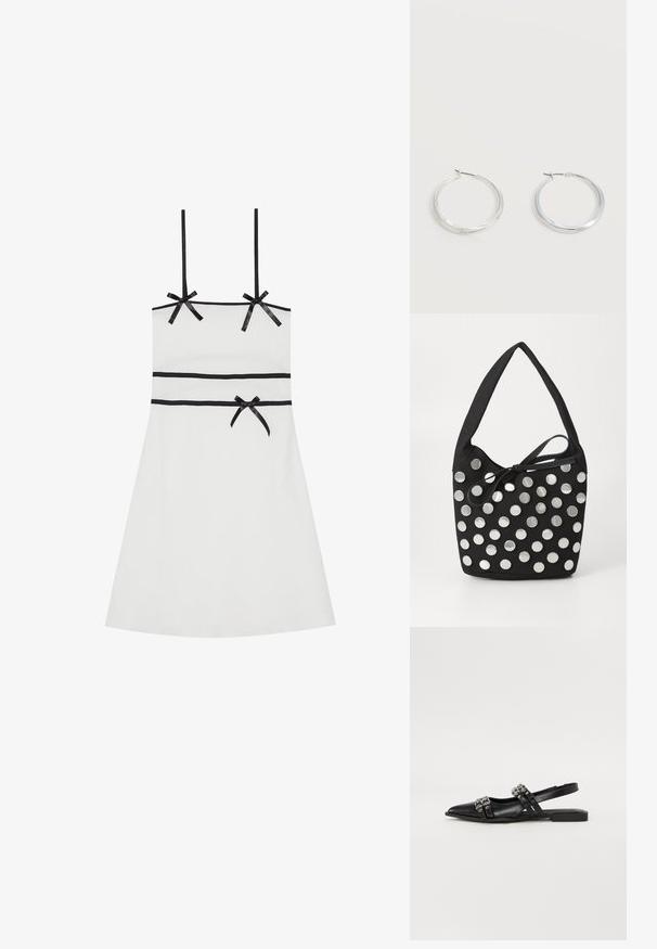 Vestido blanco sin mangas con acentos de cinta negra en los hombros y la cintura. Textura suave, hasta la rodilla, silueta ajustada, diseño sutil acanalado.; Even&Odd Bailarinas con tira trasera - black; Bolso de tela negro con forma redondeada, adornado con tachuelas metálicas circulares plateadas dispuestas en un patrón, y un detalle de tela atado.; Pendientes de aro de metal plateado con superficie lisa y ligeramente curvada y cierre de tipo mosquetón sobre un fondo blanco liso.