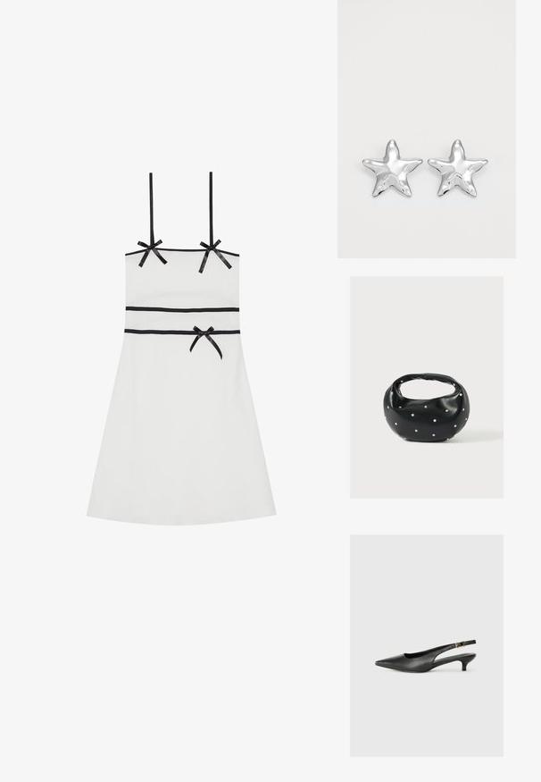 Hvid udenærmet kjole med sorte bånddetaljer ved skuldrene og taljen. Glat tekstur, knælang, tætsiddende silhuet, diskret ribbet design.; Sorte spidse slingback-sko lavet af glat læder. Har en tynd hæl og en spænde detalje på den justerbare rem.; Sort læderhåndtaske med en rundet form, dekoreret med sølvnitter, og et kort håndtag. Glat tekstur og lynlåslukning.; Sølvstjernede øreringe med en poleret, blank overflade. Hver ørering har fem spidser og subtile teksturdetaljer på overfladen.