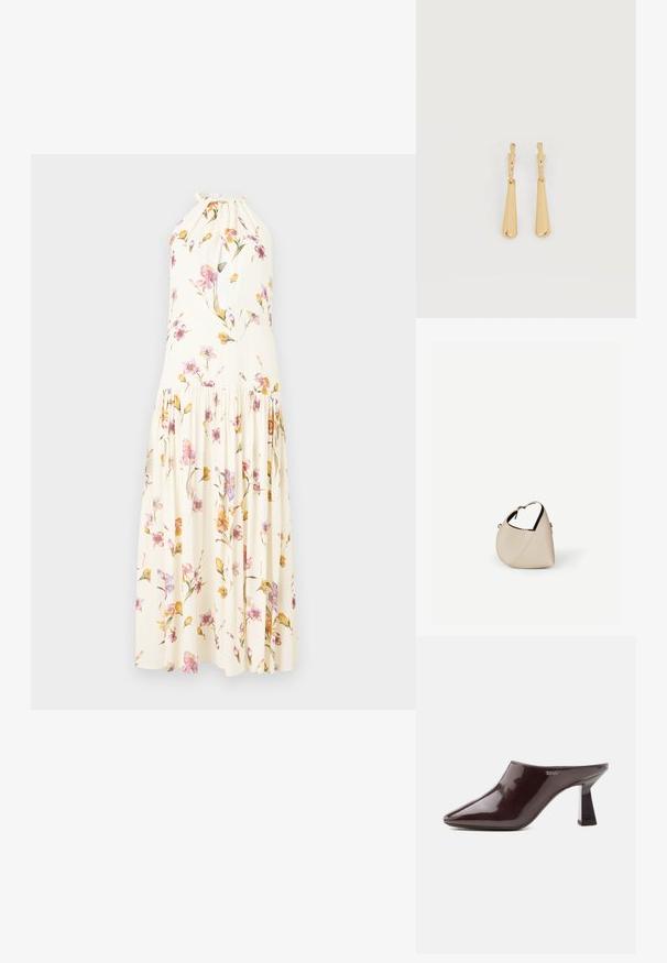 Robe maxi en tissu crème avec un imprimé floral mettant en avant des fleurs roses et jaunes, col halter et jupe plissée.; Mule brun foncé brillant à bout pointu avec un talon bloc et logo DKNY sur le côté, présentée sur un fond blanc uni.; Sac à main en cuir beige en forme de croissant avec une seule bandoulière et des coutures minimalistes, posé sur un fond blanc uni.; Boucles d'oreilles pendantes en ton or avec des pendentifs lisses en forme de goutte allongée suspendus à de petites attaches en forme d'anneau sur un fond blanc.