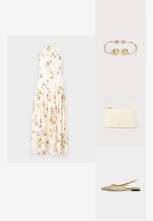 Robe maxi en tissu crème avec un imprimé floral mettant en avant des fleurs roses et jaunes, col halter et jupe plissée.; Chaussure plate beige à bout pointu avec bride arrière, petit talon noir et finition en cuir lisse, vue de côté sur un fond uni.; Sac à main rectangulaire de couleur crème avec une seule sangle et une fermeture éclair sur le dessus, comportant une petite plaque de logo embossé à l'avant.; Boucles d'oreilles en métal doré présentant un design circulaire avec deux sphères, l'une plus grande et texturée, et une petite boule polie en haut.