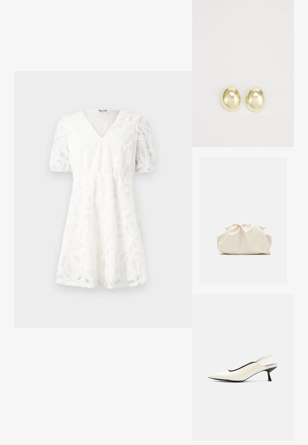 Robe blanche avec un décolleté en V, des manches bouffantes et des détails en dentelle florale délicate. La taille élastique et la jupe évasée mettent en valeur sa texture légère.; Chaussure slingback pointue couleur crème avec petit talon noir style escarpin bas et finition en cuir lisse sur fond blanc.; Pochette en cuir souple couleur crème avec un design froncé et une fine bandoulière reposant à l’avant sur un fond uni.; Boucles d'oreilles en métal doré avec une forme lisse et arrondie et une finition polie. Design simple sans embellissements supplémentaires.
