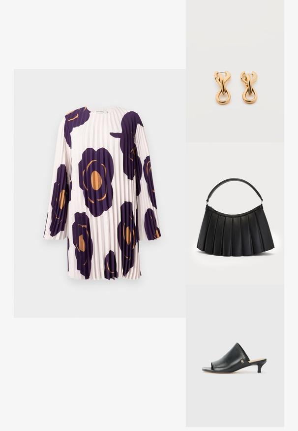 Plisséjurk met lange mouwen en grote paarse en oranje bloemenprints op een lichtroze achtergrond, gelabeld Marimekko.; Zwarte leren open teen muiltjes met een lage hak. Heeft een glad oppervlak en een gouden logo accent aan de zijkant.; Zwarte geplooide handtas van synthetisch leer, met een gebogen handvat en bovenste ritssluiting. Gladde textuur met gestructureerd ontwerp.; Een paar glanzende oorringen in goudkleur met een lusvormige, gedraaide en verstrengelde ontwerp, afgebeeld op een eenvoudige witte achtergrond.