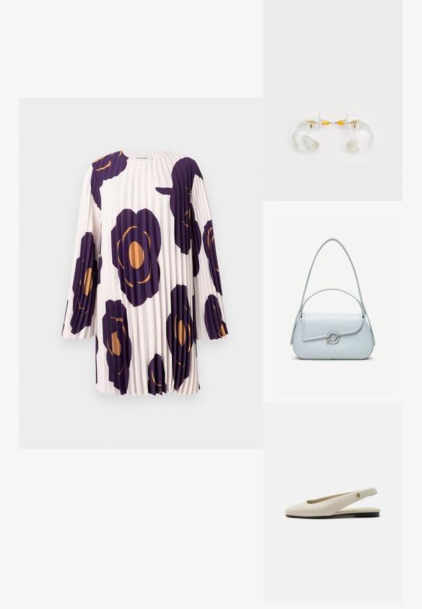 Plisséjurk met lange mouwen en grote paarse en oranje bloemenprints op een lichtroze achtergrond, gelabeld Marimekko.; Crèmekleurige leren slingback platte schoen met ronde neus en klein gouden embleem op het bandje.; Lichtblauwe leren handtas met een afgeronde klep, zilveren ronde sluiting en twee schouderbanden tegen een effen achtergrond.; Heldere acryl oorringen met gouden accenten, met een gebogen ontwerp en transparante sluiting. Gladde textuur, minimalistische stijl.
