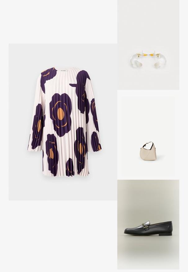Plisséjurk met lange mouwen en grote paarse en oranje bloemenprints op een lichtroze achtergrond, gelabeld Marimekko.; Zwarte leren loafer met zilveren bovenkant, gouden kettingdetail, lage hak en afgeronde neus op een neutrale achtergrond.; Beige leren handtas in halvemaanvorm met een enkele schouderband en minimale stiksels, afgebeeld tegen een effen witte achtergrond.; Heldere acryl oorringen met gouden accenten, met een gebogen ontwerp en transparante sluiting. Gladde textuur, minimalistische stijl.
