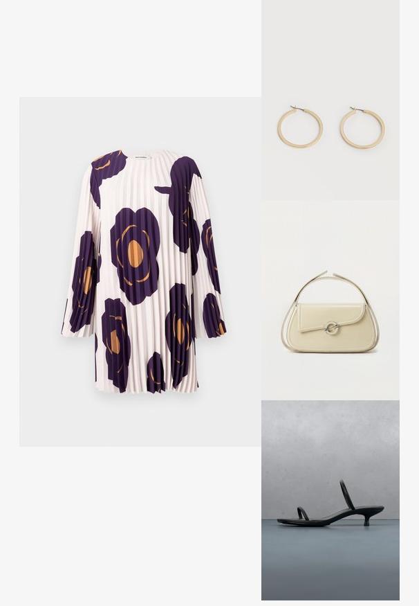 Plisseret langærmet kjole med store lilla og orange blomsterprint på en lyserød baggrund, mærket Marimekko.; Sort Calvin Klein sandal med hæl og tynde stropper, balancerende på træfliser udendørs nær en væg og grønne planter.; Cremefarvet læderhåndtaske med buet klap, cirkulært sølvspænde og kort topstrop på en ens hvid baggrund.; Par af glatte guldfarvede mellemstore øreringe med hængsellukning på en ensartet lys baggrund.