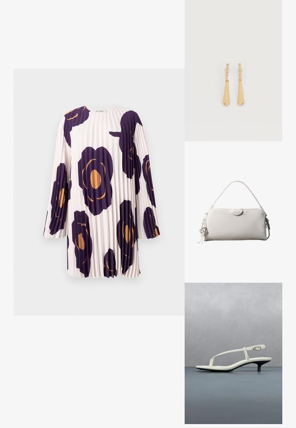 Plisseret langærmet kjole med store lilla og orange blomsterprint på en lyserød baggrund, mærket Marimekko.; Hvid sandal med stropper og kitten-hæl med spids tå, svævende over et trægulv udendørs med en sløret plante og væg i baggrunden.; Hvid rektangulær Calvin Klein håndtaske med enkelt håndtag, minimalistisk design og dekorative kvaster med geometrisk metalvedhæng på siden.; Øreringe i guldfarvet metal med glatte, aflangt dråbeformede vedhæng, der hænger fra små creol-låse på en hvid baggrund.