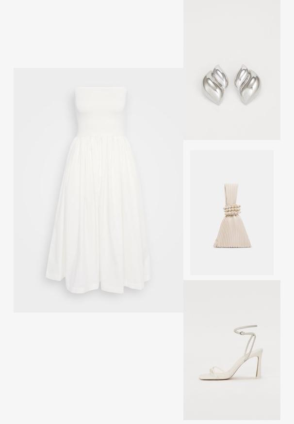 Vestido blanco de línea A sin tirantes, con un cuerpo ajustado, falda con pliegues y textura de algodón suave. Sin patrones ni adornos visibles.; Sandalia blanca de tacón con una delgada correa en el tobillo y dos correas frontales. Textura de cuero suave con punta cuadrada y tacón brillante.; Pequeño bolso beige plisado con un asa anudada y tres pulseras de cuentas redondas envueltas alrededor del centro.; Pendientes de plata con una forma orgánica y abstracta. Superficie lisa y brillante con un diseño cónico. Presentan suaves curvas y un detalle de línea central.