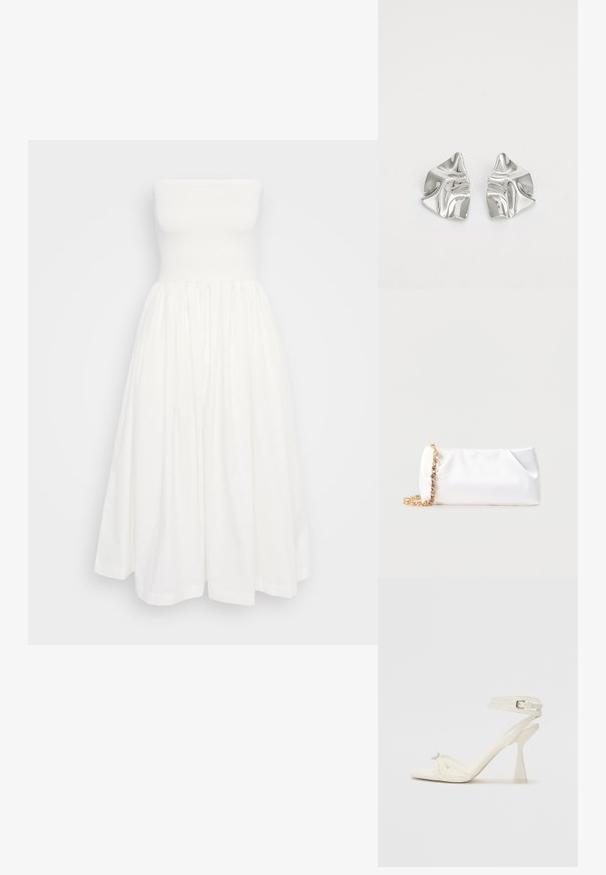 Vestido blanco de línea A sin tirantes, con un cuerpo ajustado, falda con pliegues y textura de algodón suave. Sin patrones ni adornos visibles.; Sandalía de tacón alto con tiras en cuero blanco, con un diseño elegante, un tacón bloque transparente y un elemento decorativo en la punta.; Bolso de mano suave blanco con correa de cadena dorada adornada con piedras preciosas transparentes, sobre un fondo liso de color gris claro.; Pendientes de metal plateado con un diseño ondulado y escultórico, que presentan un acabado pulido y formas irregulares, destacando una estética contemporánea.