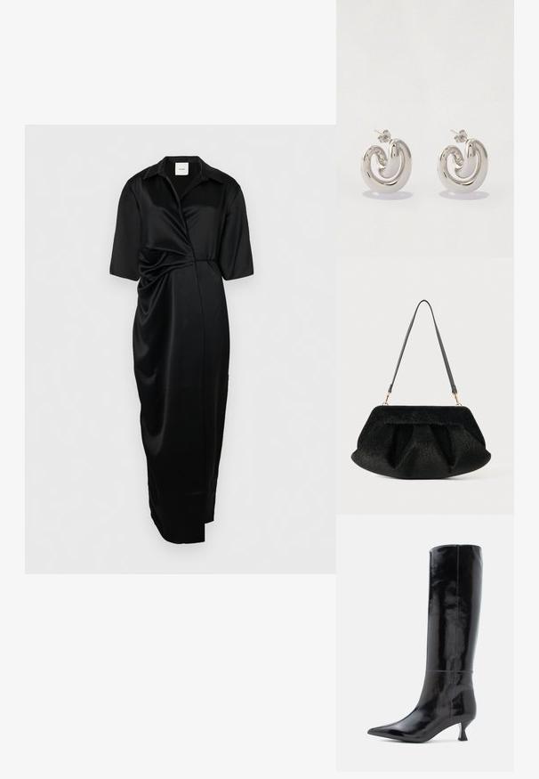 Robe en satin noir avec un col, manches courtes, détail torsadé à l'avant, et longueur midi, affichant une texture lisse et élégante.; Bottes en cuir noir, montantes jusqu'au genou, avec une finition brillante, un bout pointu et un petit talon carré. Texture lisse, détails de couture minimalistes.; Sac à main noir texturé avec une finition en fausse fourrure douce. Présente un design froncé, un fond plat et une sangle en cuir mince et réglable. Accents en matériel doré.; Boucles d'oreilles en métal argenté avec un design tourbillonnant, présentant des surfaces lisses et une finition polie, maintenues par un fermoir en papillon.