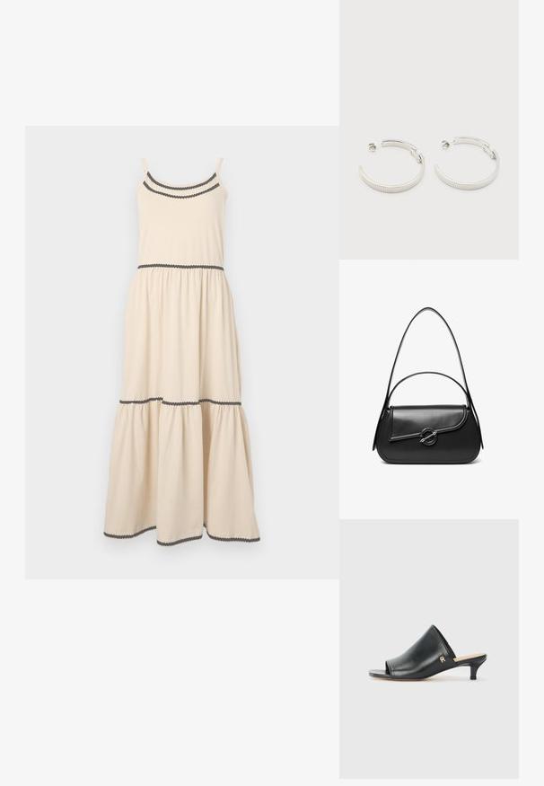 Lys beige maxikjole med spaghetti-stropper, bølget kant i mørk farve, cinch i taljen og design med lag på lag skørt. Stof i bomuldsblanding.; Sorte læder open-toe mules med en lav hæl. Har en glat overflade og et guld logo-prim på siden.; Sort skuldertaske i læder med en buet klap, der er fastgjort med en rund metal spænde, og en slank, justerbar rem.; Sølvfarvede halvcirkelformede creoler med riflet tekstur og trykknapslukning på hvid baggrund.