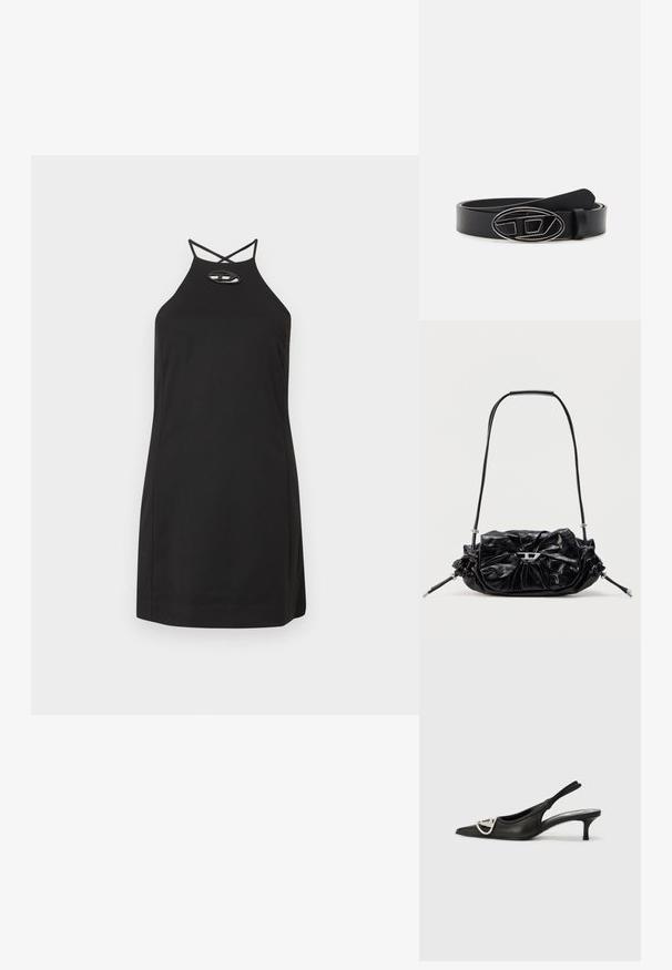 Robe noire à col halter avec une silhouette ajustée, présentant des bretelles croisées et un détail découpé ovale au niveau de l'encolure. Tissu lisse.; Escarpin noir en cuir avec un bout pointu, arborant un accent logo argenté et un petit talon. Texture lisse et design minimaliste.; Sac à main en cuir noir avec un design froncé et un détail en forme de nœud sur le devant. Dispose d'une poignée courte et d'accents de quincaillerie argentée.; Ceinture en cuir noir avec une large sangle, une boucle ovale en argent au design géométrique, et une texture lisse sur toute sa surface.
