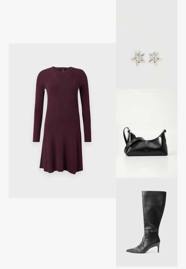 Robe en tricot de couleur violet profond, avec des manches longues, un corsage ajusté avec des motifs de côtes diagonales et une jupe évasée.; Bottes noires en cuir montant jusqu'au genou, avec un talon fin, un bout pointu et des détails de lanière à la cheville. Texture lisse et design ajusté.; Sac à main en cuir noir avec une texture lisse. Dispose d'une bandoulière adjustable et d'un design élégant et minimaliste avec une fermeture éclair.; Boucles d’oreilles créoles en forme d’étoile argentée avec une finition lisse et polie sur un fond blanc uni.