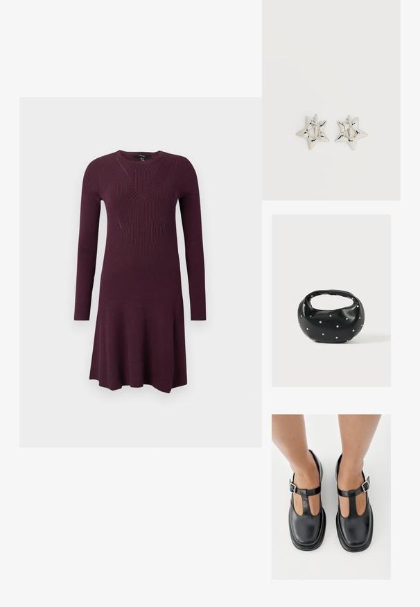 Sügavlilla kudum dresses, millel on pikad varrukad, kehakattev osa, millel on diagonaalsed ribade mustrid, ja flared seelik.; Mustad nahast kingad T-rihma disainiga, suletud nina ja hõbedaste pandlatega. Sile tekstuur, ümar nina ja lame tald.; Mustast nahast ümmarguse kujuga käekott, kaunistatud hõbedaste naeladega, lühikese sangaga. Sile tekstuur ja tõmblukuga sulgemine.; Hõbedast tähekujulised rõngaskõrvarõngad, millel on sile ja poleeritud viimistlus, tavalise valge taustaga.
