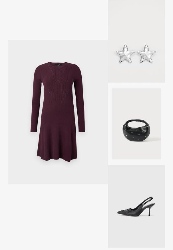 Sügavlilla kudum dresses, millel on pikad varrukad, kehakattev osa, millel on diagonaalsed ribade mustrid, ja flared seelik.; Must musta sanga kaelaga stilettod, terav nina, külgse pandla rihm, nurgas nublud ja dekoratiivne nöörimine ees.; Mustast nahast ümmarguse kujuga käekott, kaunistatud hõbedaste naeladega, lühikese sangaga. Sile tekstuur ja tõmblukuga sulgemine.; Hõbedased tähtkujulised kõrvarõngad, millel on poleeritud, sile pind. Iga kõrvarõnga puhul on viie tipuga ja peene pindade tekstuuriga detailid.